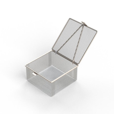 Anysizebasket Light Duty Basket: 6Lx6Wx3H, 304 SS, Hinged Lid with Thumb Clasp, No Handles, Mesh: 4 x .032 FLB-060060030-L04S